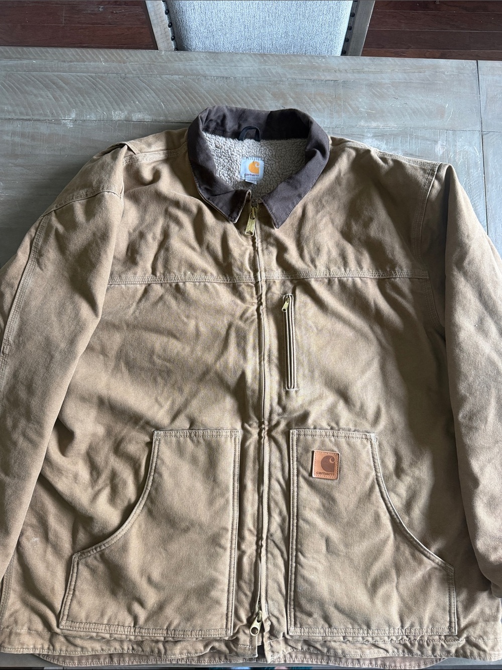 Carhartt Tan Canvas Work Jacket with Brown Collar